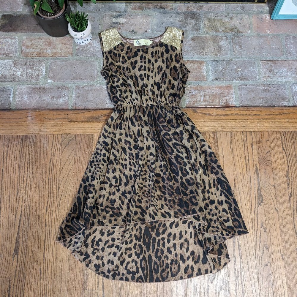 Cheetah Print High-Low Dress with Sequin Shoulders